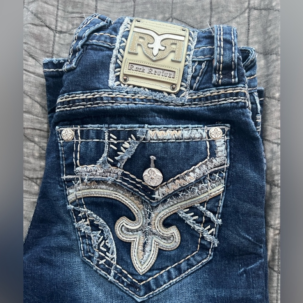Rock Revival jimmie straight Dark Blue Jeans with Embroidered Details 30x32